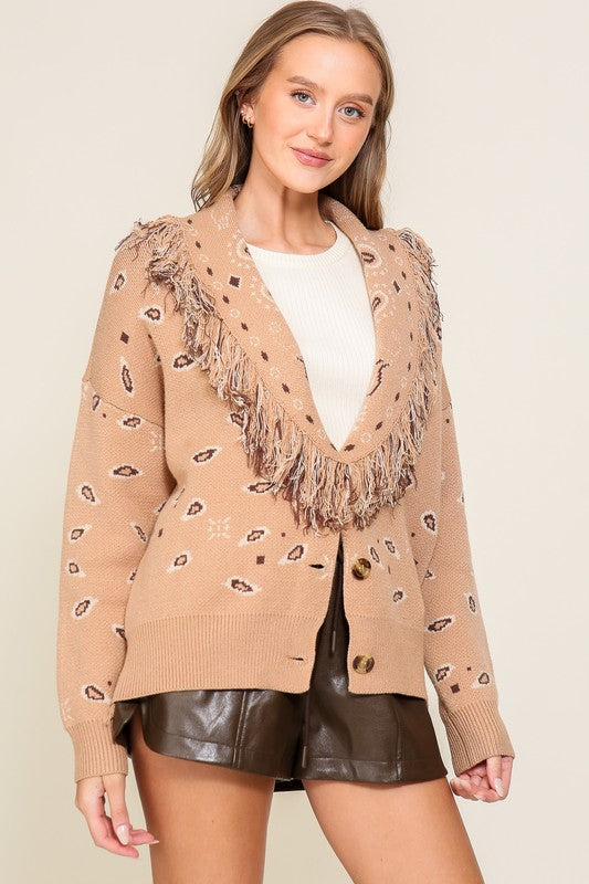 Paisley Printed Cardigan With Fringe Collar