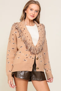Paisley Printed Cardigan With Fringe Collar
