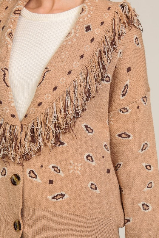 Paisley Printed Cardigan With Fringe Collar