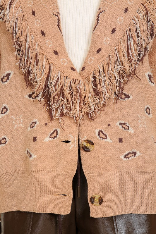 Paisley Printed Cardigan With Fringe Collar