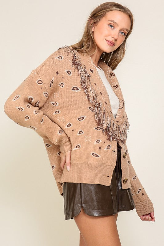Paisley Printed Cardigan with Fringe Collar