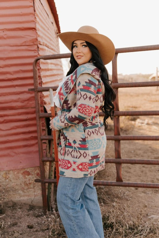 Ladies Long Aztec Western Open Coat With Hood