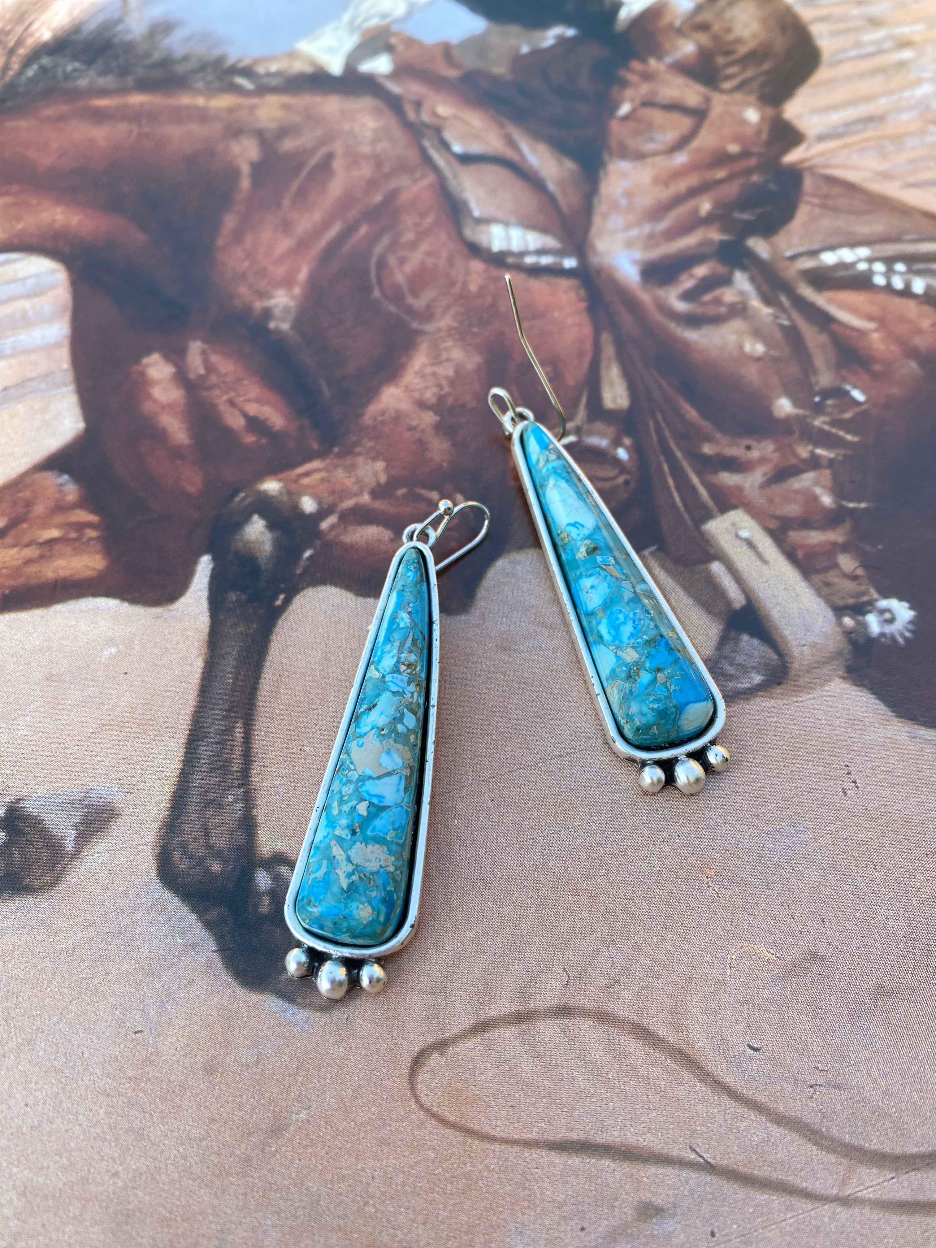 FAUX Turquoise long drop earrings