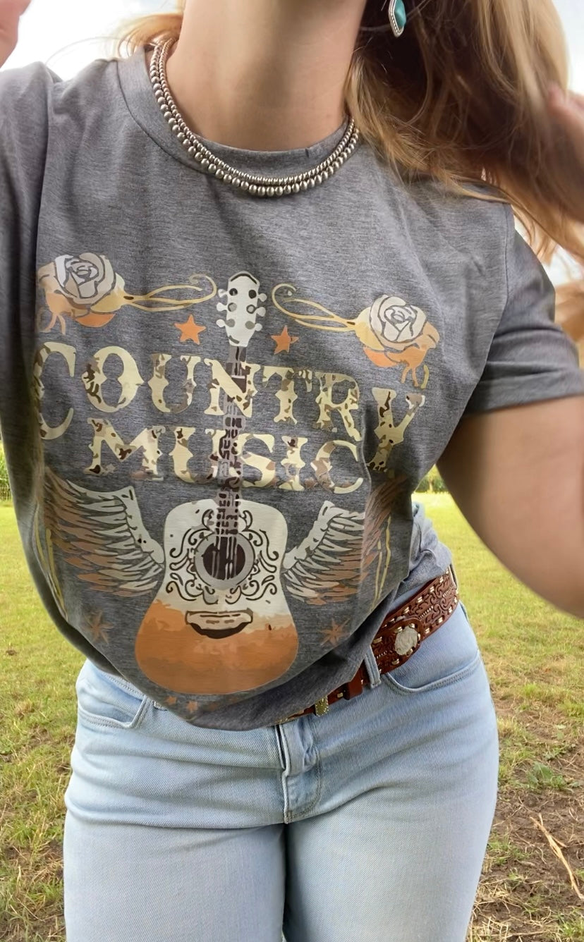 She's country music grijze T-shirt met korte mouwen