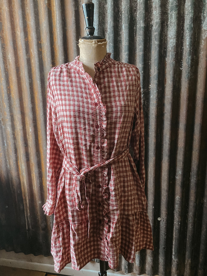 Chenille plaid ruffle shirt dress