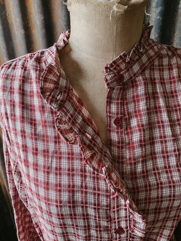 Chenille plaid ruffle shirt dress