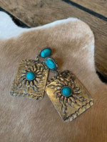 Load image in Gallery view, grote rechthoekige oorbellen met twee faux turquoise stenen
